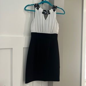 Black and white dress with beaded neckline